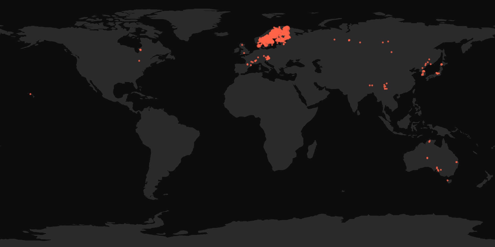 Global distribution map showing reported sightings