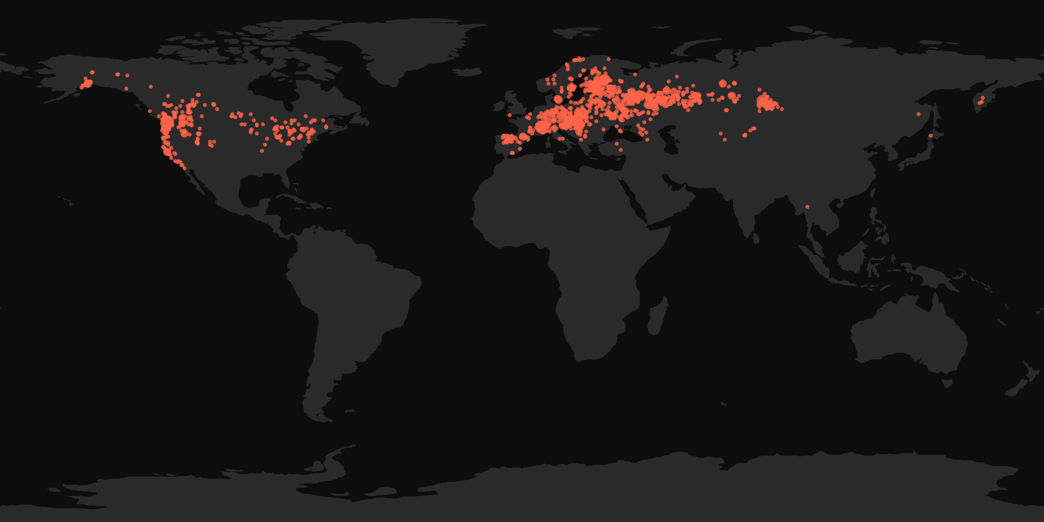 Global distribution map showing reported sightings
