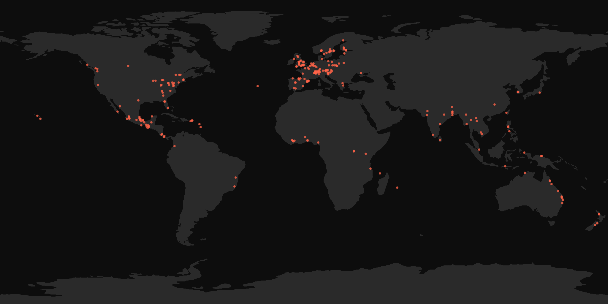Global distribution map showing reported sightings