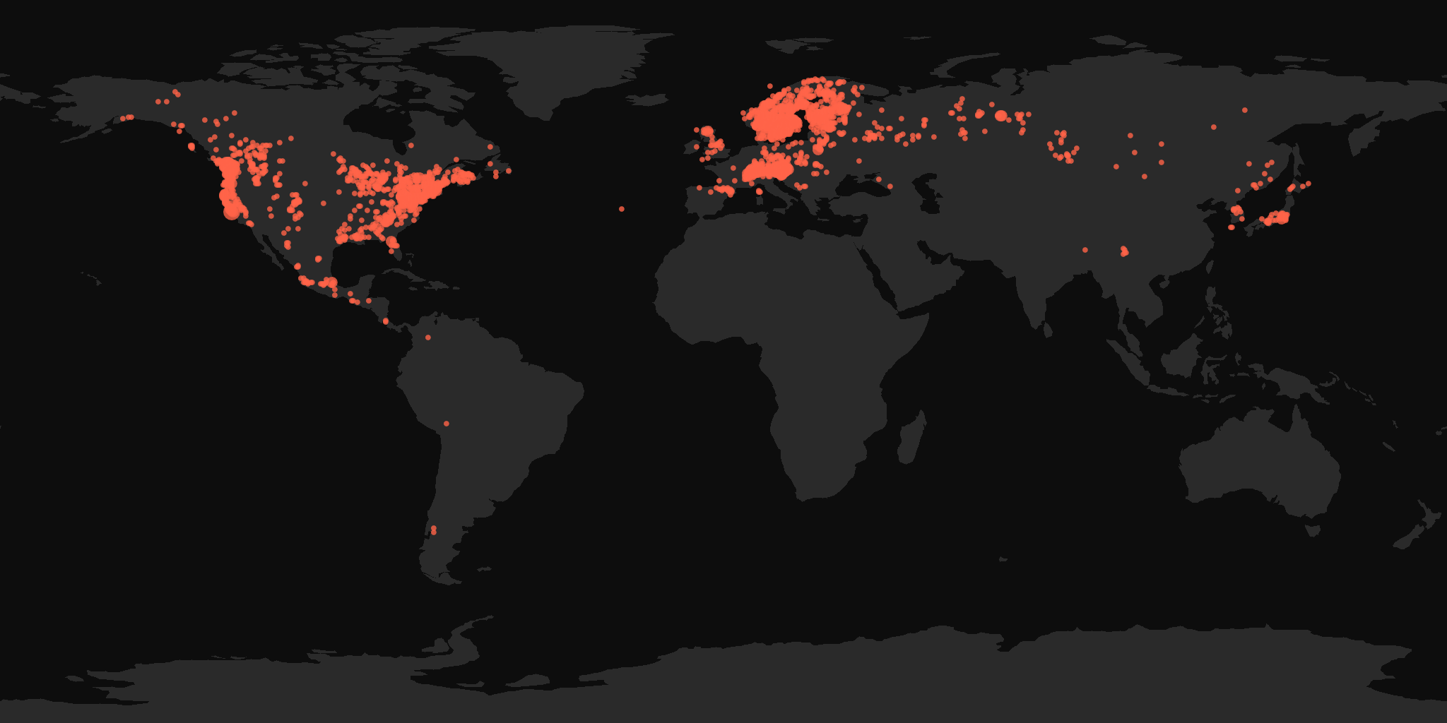 Global distribution map showing reported sightings