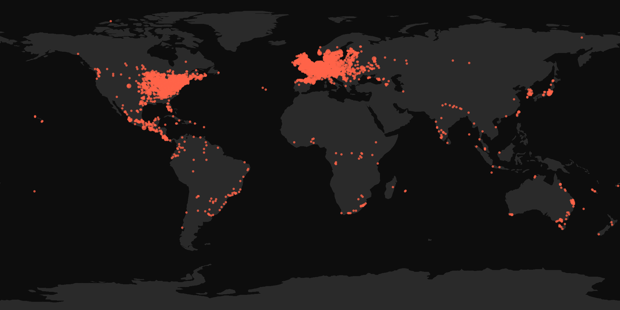 Global distribution map showing reported sightings